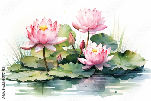 Watercolor lotus clipart with serene pink blooms and green lily pads  high detailed  clean sharp focus  unique hyper illustrations