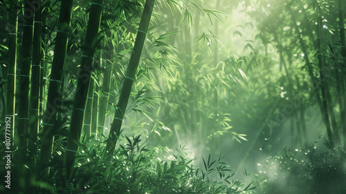 lush bamboo forest  with tall bamboo stalks swaying gently in the breeze and filtering sunlight through their dense foliage 