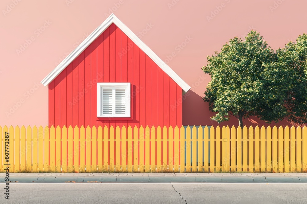 A small house is sitting in a field with a colorful picket fence in the background