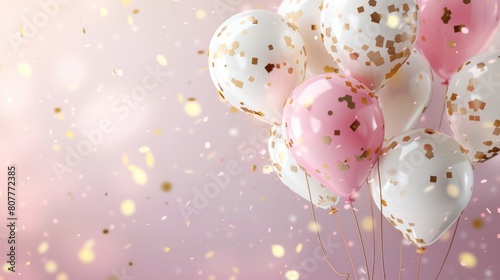 3D Realistic pink Balloons Background. Pink and white balloons with golden confetti on a pastel background