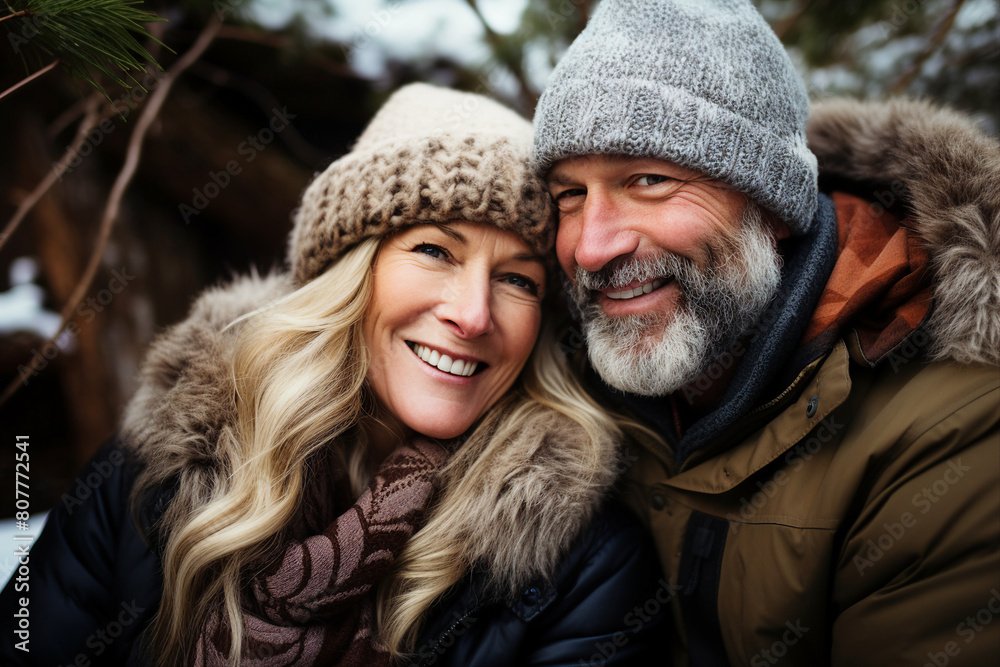 Generated with AI image of a beautiful cheerful couple walking enjoying winter picnic outdoors