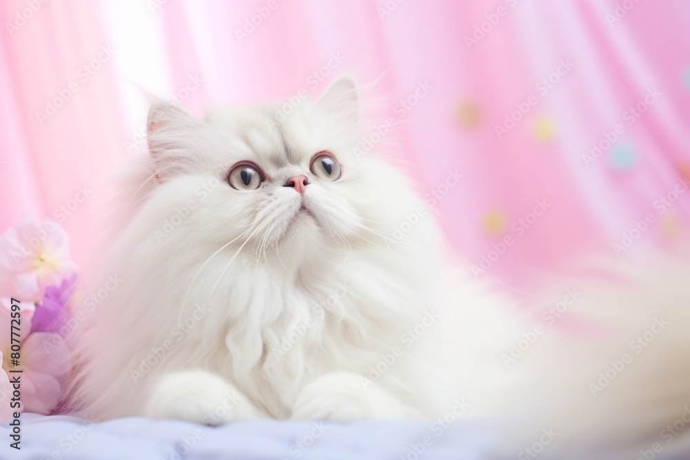 Medium shot portrait photography of a curious persian cat crouching isolated in pastel or soft colors background Medium shot portrait photography of a curious persian cat crouching isolated in pastel or soft colors background