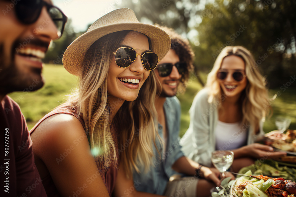 Generated with AI image of a beautiful cheerful positive friends enjoying summer picnic outdoors Generated with AI image of a beautiful cheerful positive friends enjoying summer picnic outdoors