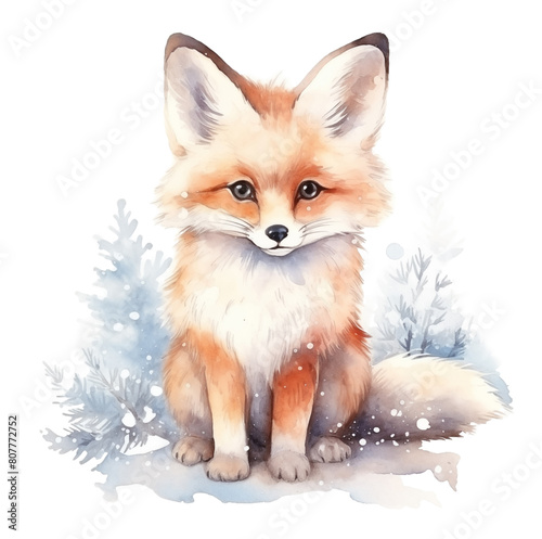 Watercolor cute fox in a snowy setting, framed by frosted trees, isolated on white background.