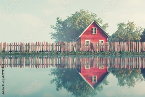 A colorful house is on a lake with a fence in front of it