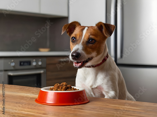 Hungry jack russell dog behind food bowl and licking with tongue, isolated wood background at home and kitchen.
