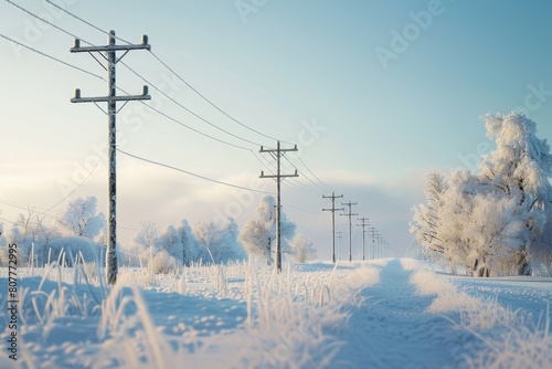 A long line of power poles with snow on them