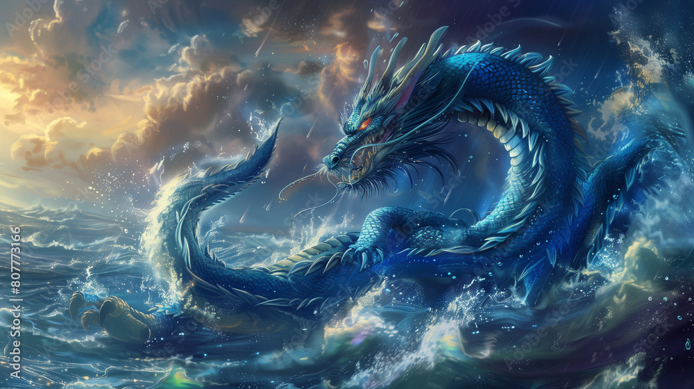 Blue asian sea-dragon illustration in stormy ocean