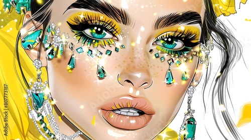 Captivating Close Up of a Glamorously Adorned Woman s Face Showcasing Exquisite Beauty and Style photo