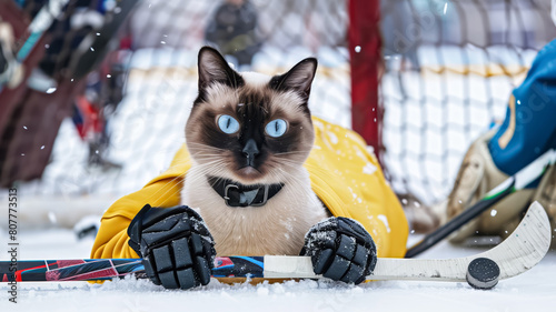 Siamese cat wearing a hockey jersey and gloves with a stick on ice. photo