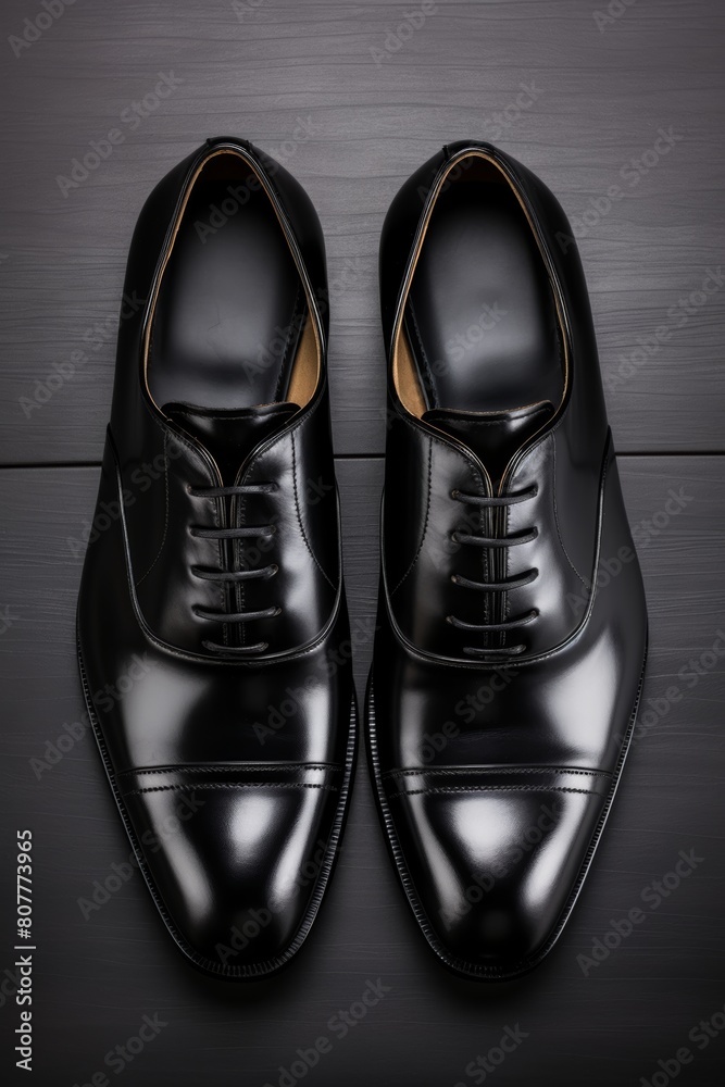 A pair of black business leather shoes, clean, texture, top view, commercial photography A pair of black business leather shoes, clean, texture, top view, commercial photography