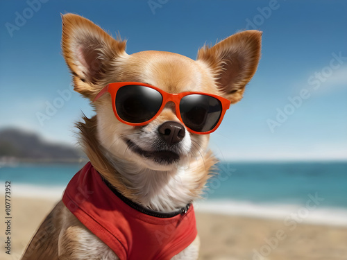 Cool chihuahua dog at the beach wearing sunglasses © Natasa