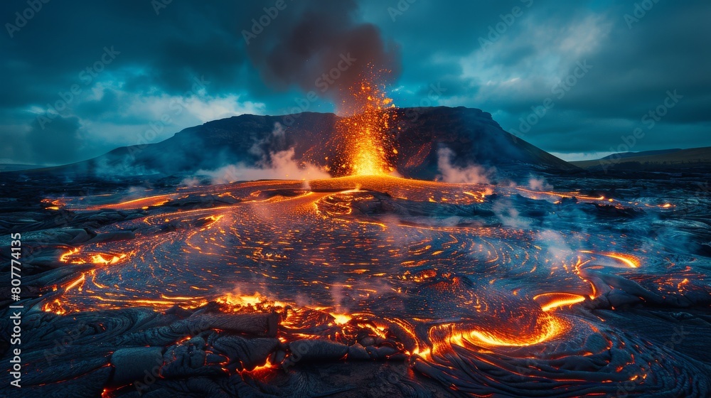 A large volcano with a huge fire spewing out of it