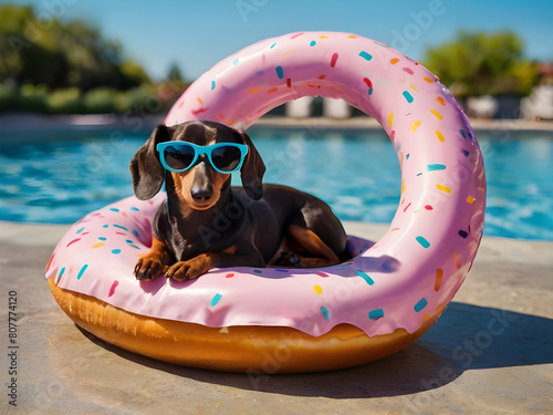 Amusing dachshunds rest on doughnut shape swimming circle in fashionable sunglasses.  © Natasa