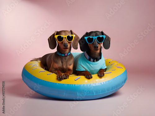 Couple of amusing dachshunds rest on doughnut shape  swimming ring in fashionable sunglasses.  © Natasa