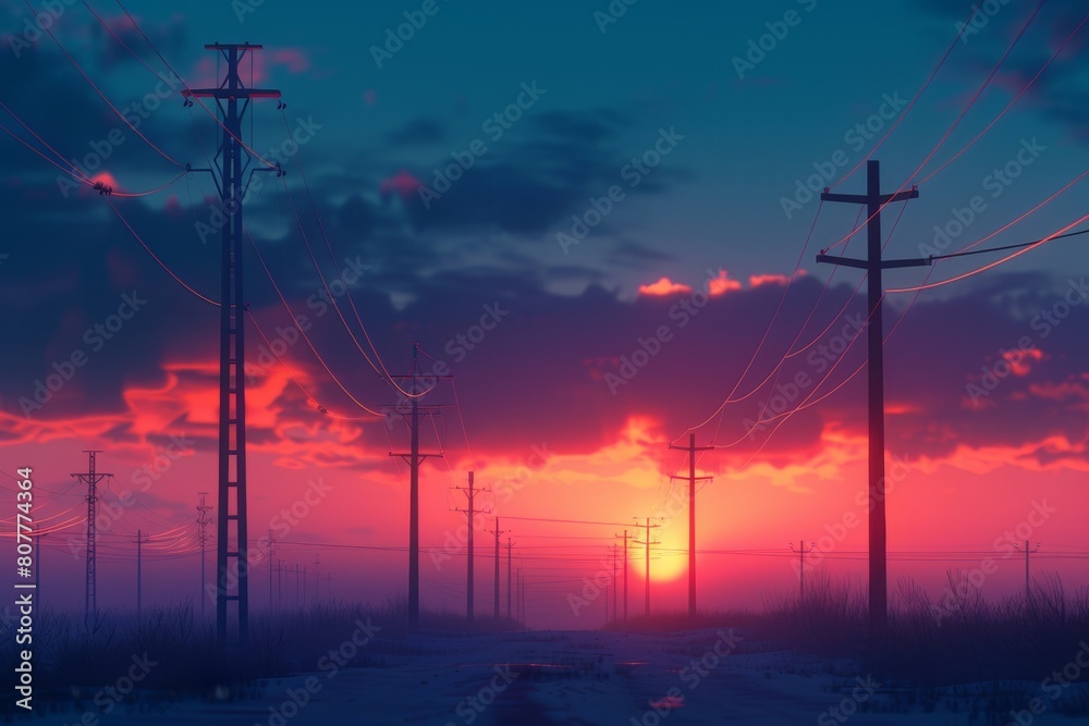 A long line of power poles with a bright sun in the background