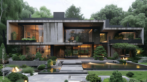 Sleek contemporary mansion with a concrete and glass front  floating entrance  and a sculptural garage door design