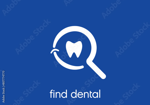 dental with magnifying glass logo. find tooth health care symbol vector design
