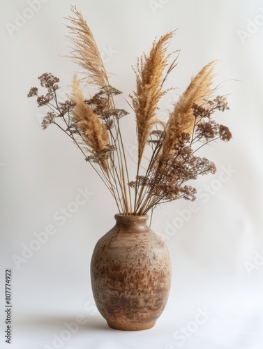 a simple ceramic vase with tall pampas grass and dry leaves and dry flowers