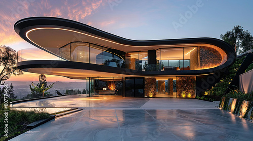 Sleek contemporary villa with a floating roof, glass walls, and a sculptural garage entrance © AI ARTISTRY