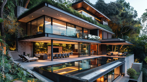 Sleek contemporary villa with a floating roof, glass walls, and a sculptural garage door
