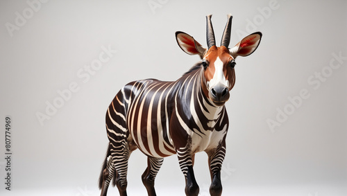  okapi, an African mammal with black and white stripes on its legs and a reddish-brown body. photo