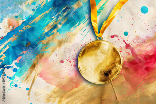 A stylized representation of a gold medal surrounded by abstract shapes and colors symbolizing speed and success, with no direct reference to the Olympics, watercolor