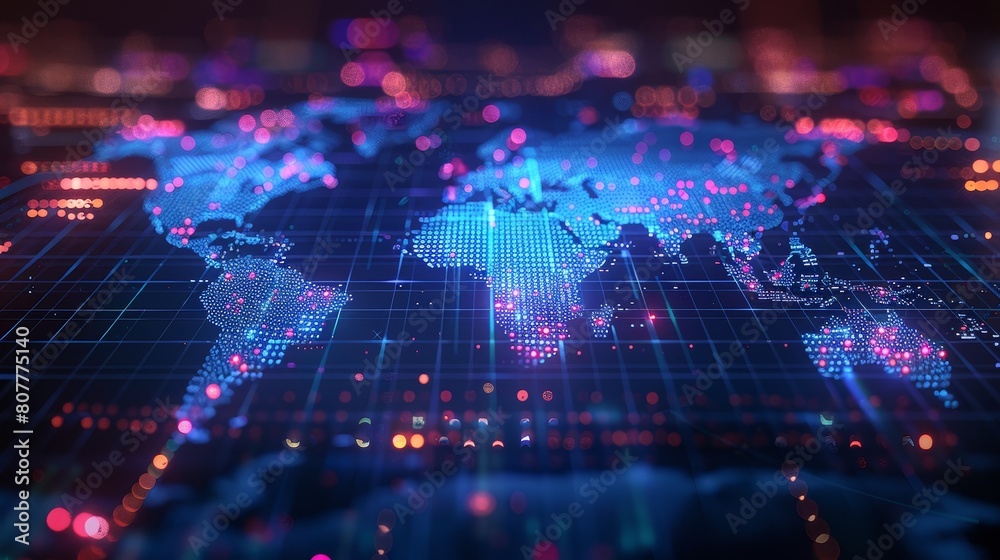 Digital World Map: A 3D vector illustration of a world map on a digital screen Digital World Map: A 3D vector illustration of a world map on a digital screen
