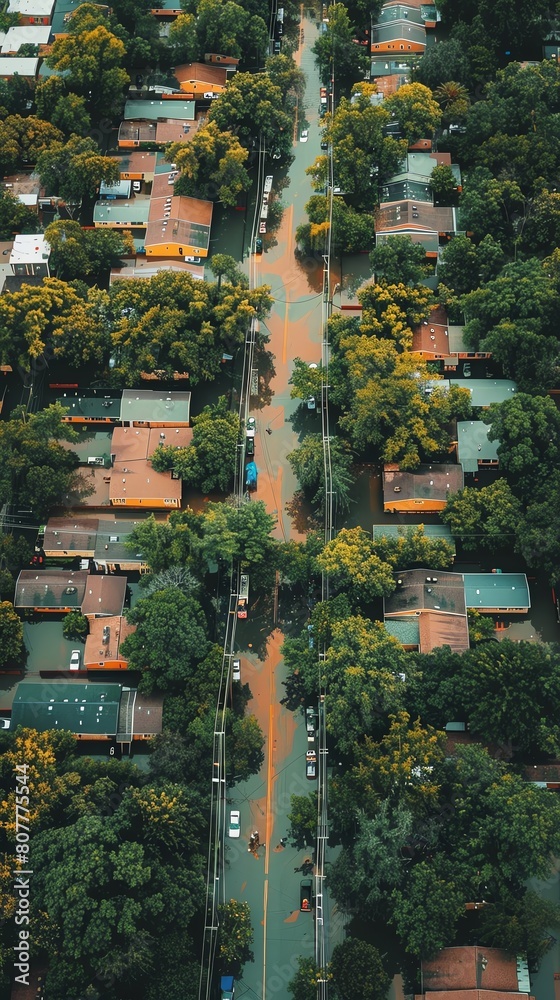 Aerial drone view of torrential rain causes flash floods in residential ...
