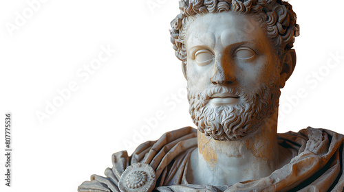Ancient Greek statue of an ancient Roman senator in marble isolated. Ancient roman Emperor statue in stone isolated on simple background. Ancient Greek architecture isolated photo
