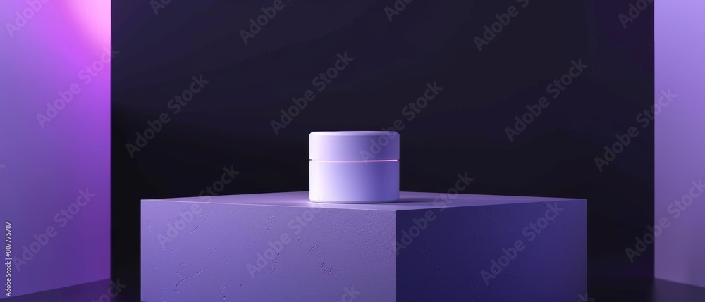 Skin care cream container. Light purple color theme. Dark background. The product is on one of the boxes. Skin care cream container. Light purple color theme. Dark background. The product is on one of the boxes.