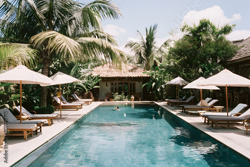 Swimming pool and sun loungers at stylish tropical spa hotel, summertime banner mockup. Summer travel sales and vacation concept.