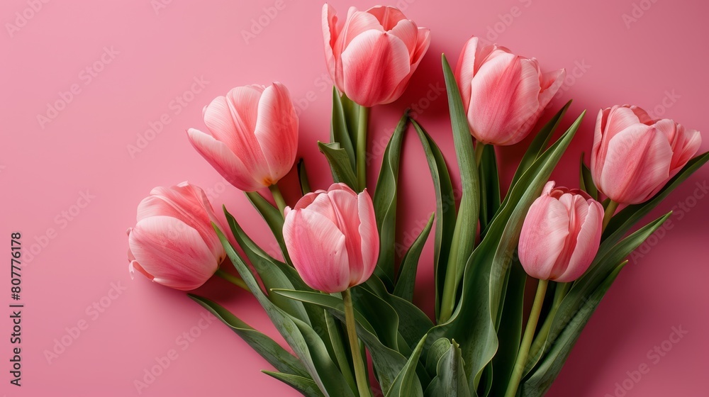 Beautiful composition flowers. Bouquet of pink tulips flowers on pastel pink background. Flat lay, top view, no hands