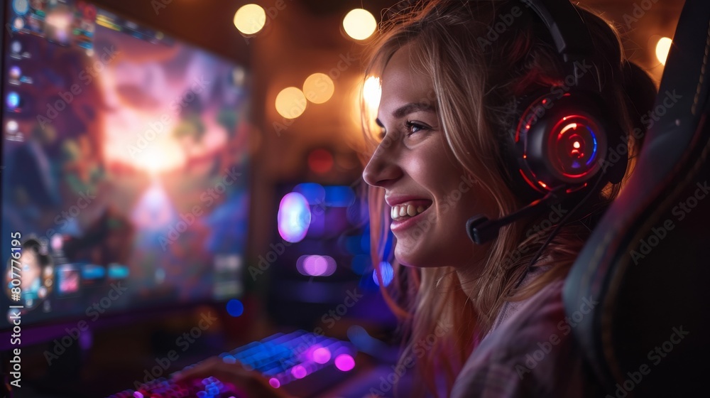 A woman is playing a video game with a smile on her face A woman is playing a video game with a smile on her face