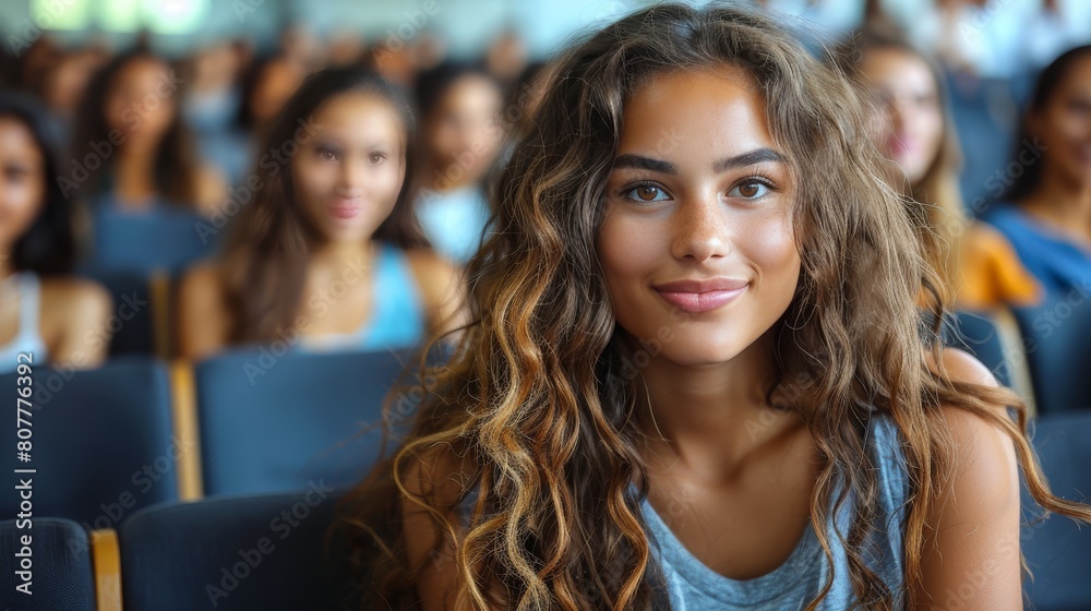 A young woman with curly hair is smiling at the camera in a classroom A young woman with curly hair is smiling at the camera in a classroom