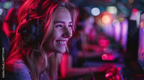 A woman is smiling while wearing headphones and playing a video game