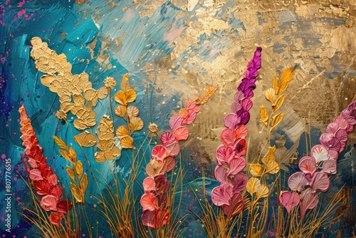 Abstract painting. Golden grain is planted by flowers. Generative Ai