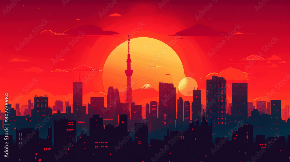 Futuristic cityscape bathed in red hues, featuring an iconic tower and round sun, with birds flying above in a stylized sky.