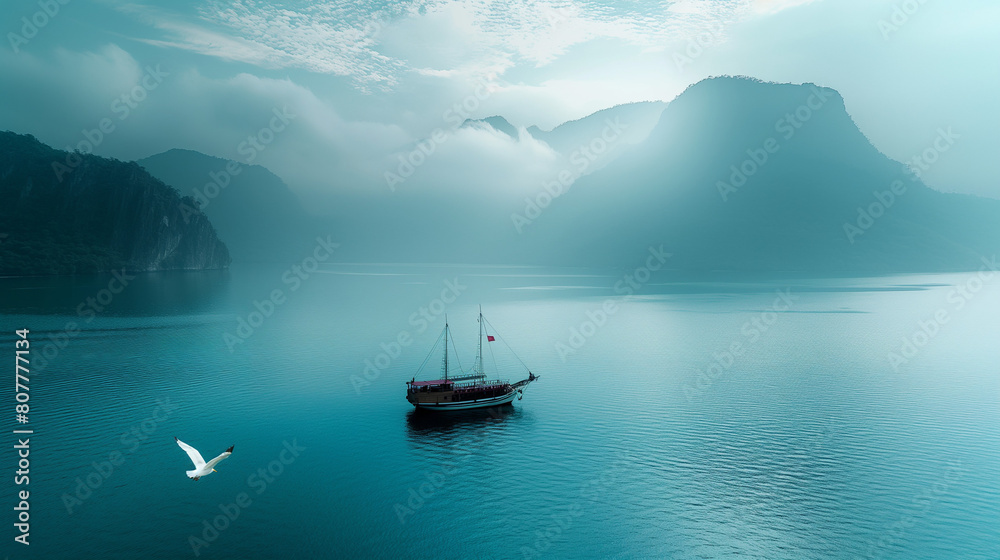 A ship floating on a calm sea