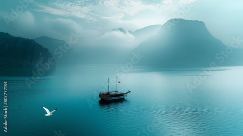 静かな海に浮かぶ船 photo