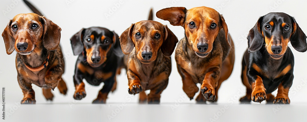 A playful group of Dachshunds frolicking on the right side of the banner, leaving ample copyspace on the left to promote adopting multiple pets.