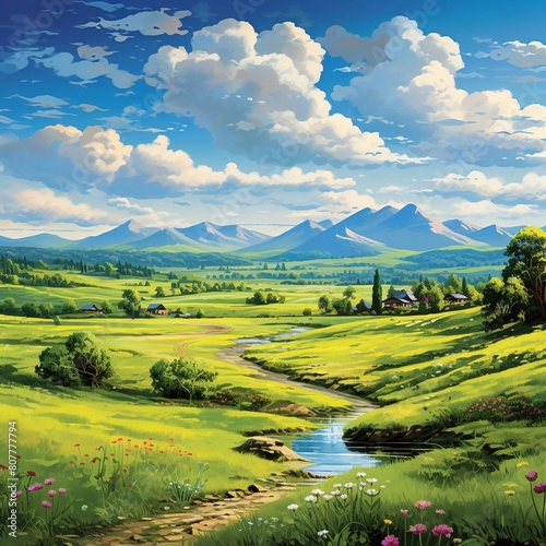 Beautiful illustrations of trees  flowers  meadows  mountains  sky and clouds  colored drawings in animation style.