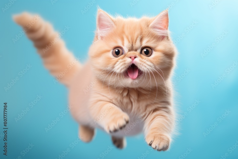 Environmental portrait photography of a smiling exotic shorthair cat pouncing isolated on pastel or soft colors background