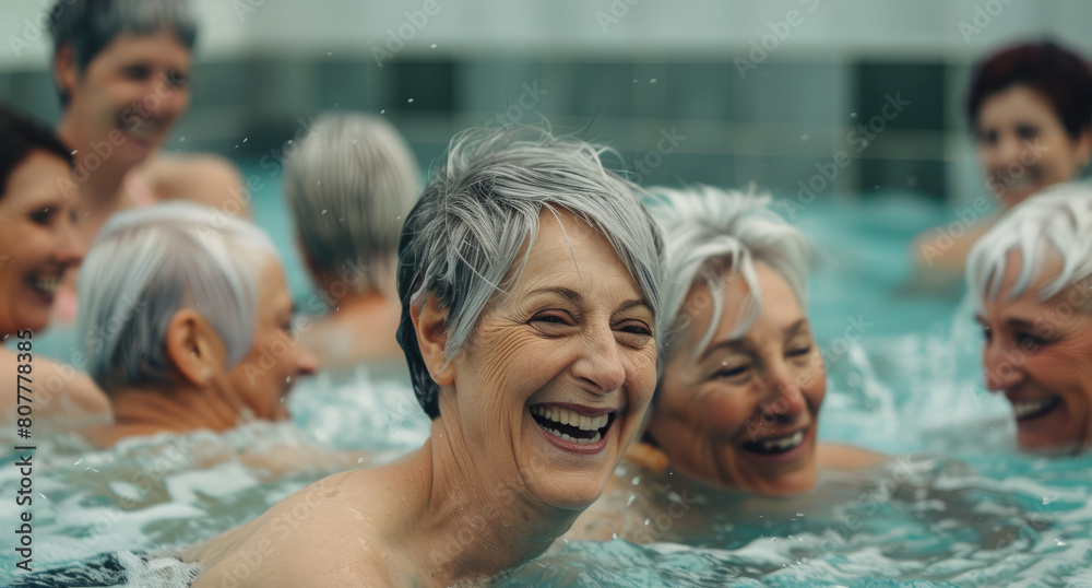 A group of happy senior women in the pool, swimming and laughing together