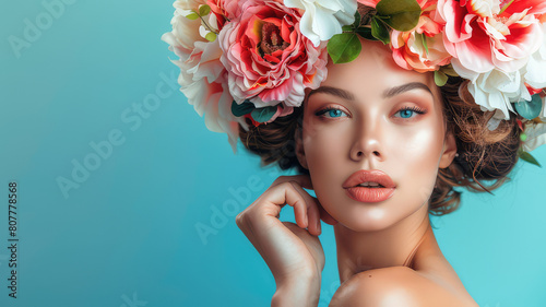 Female portrait with flowers in her head. Creative background with stylish woman © Poramet