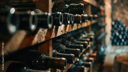 Wine bottles stacked on wooden rack, Wine collections stored in cellar on shelf photo