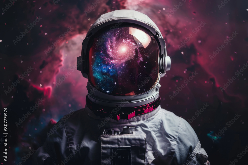 Front view astronaut potrait. Astronaut in space suit with galaxy and nebula reflection in helmet glass Front view astronaut potrait. Astronaut in space suit with galaxy and nebula reflection in helmet glass