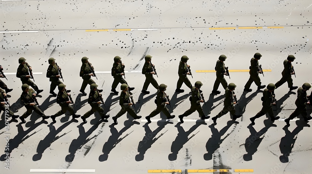Obraz premium Disciplined Military Personnel Marching in Synchronized Formation During National Parade