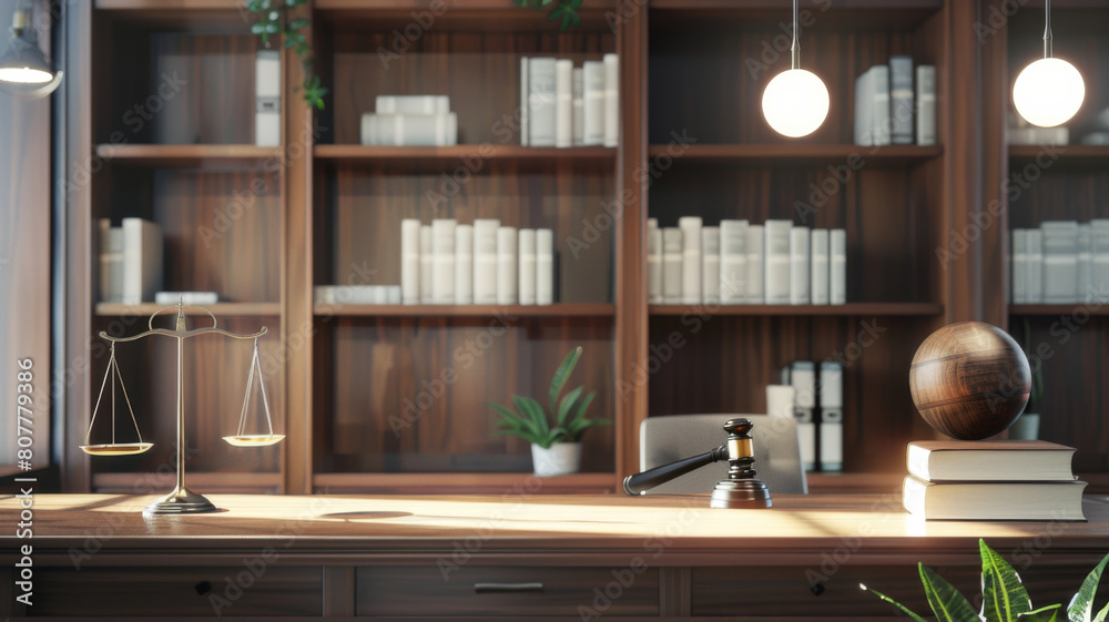 Fototapeta premium Legal office with gavel scales of justice and bookshelf symbolizing law and order in a modern setting