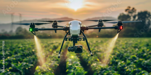 Modern technologies agriculture.  industrial drone flies over green field sprays useful pesticides photo